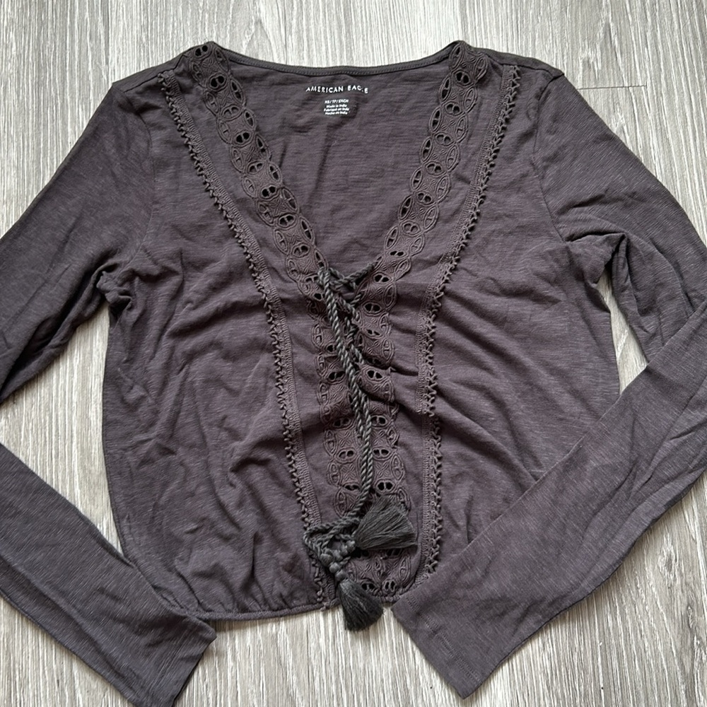 American Eagle Outfitters Women's Charcoal Lace-Up Top